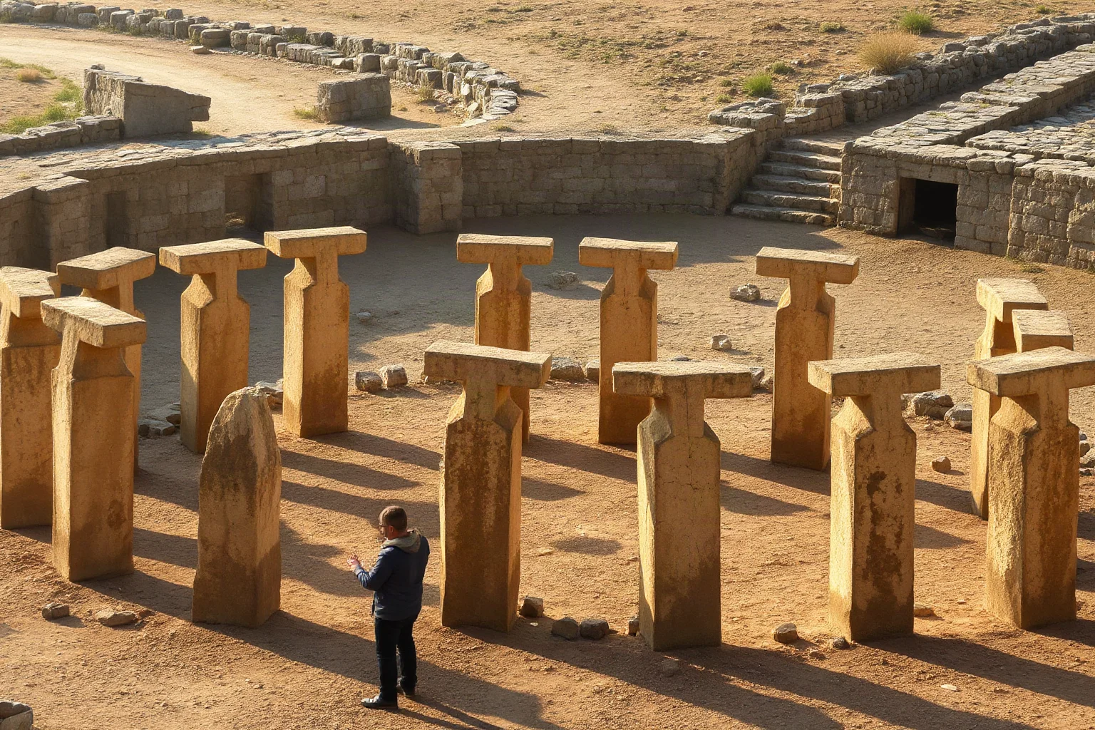 Ancient carved T-shaped limestone pillars arranged in a circular enclosure at a Neolithic archaeological site, dusty golden light, no people