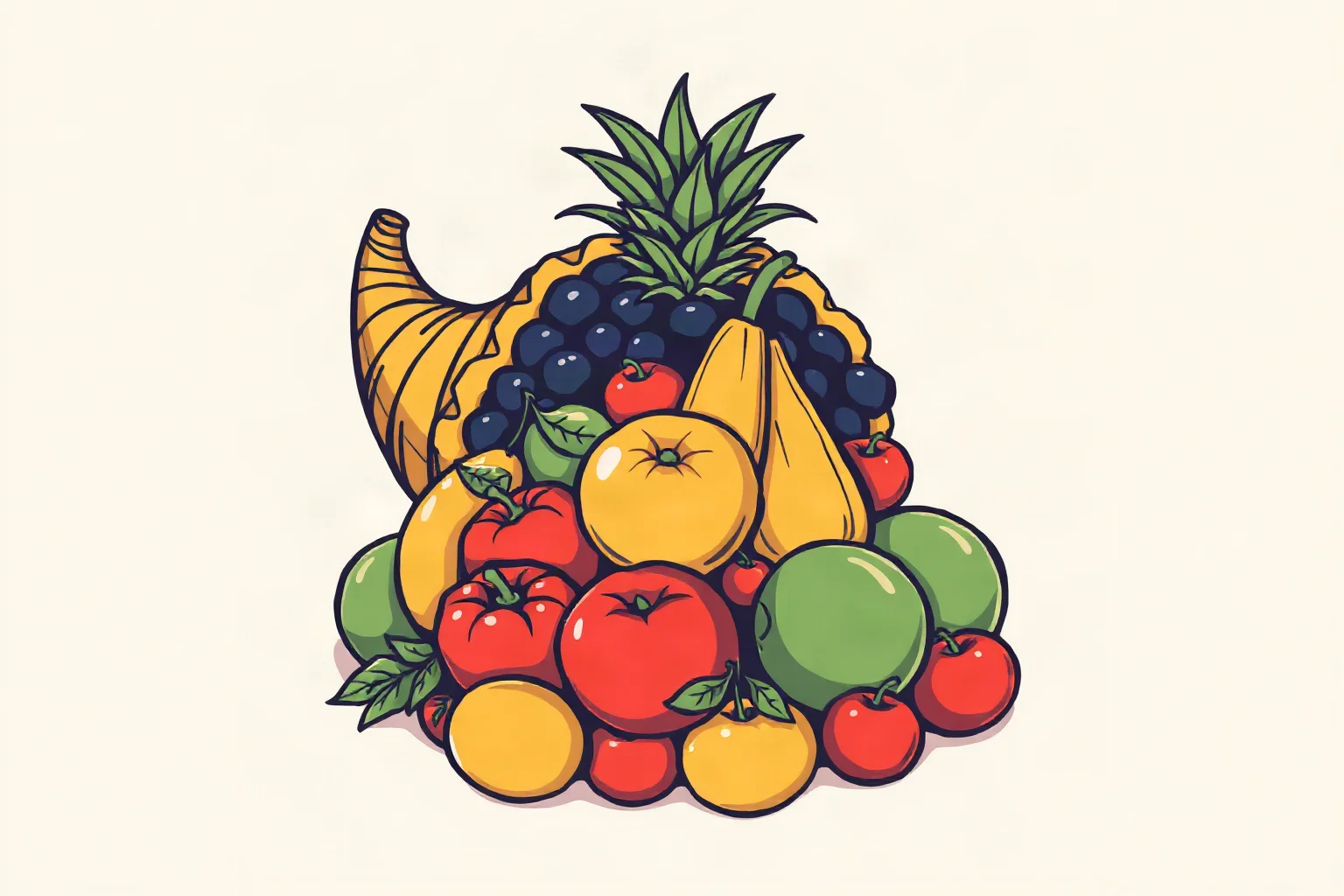 A pile of assorted fruit illustrated in a vintage logo style, plain background with no horn-shaped basket or cornucopia behind it