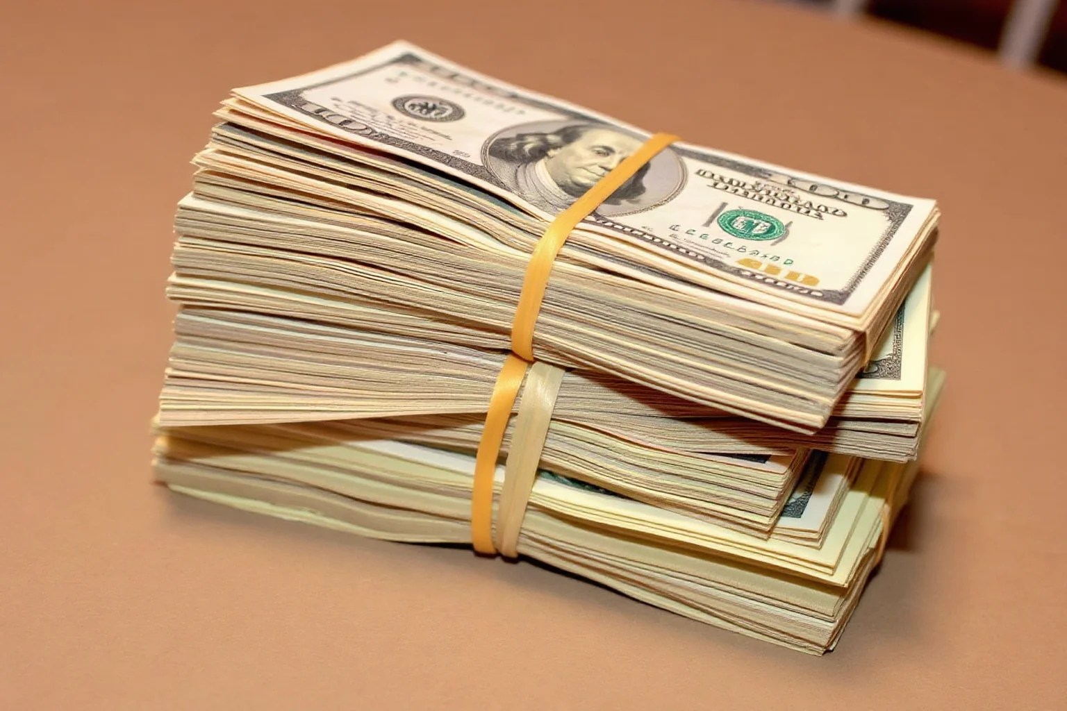 A pile of cash bundled tightly with rubber bands stacked on a table, symbolizing the famous cash-storage anecdote