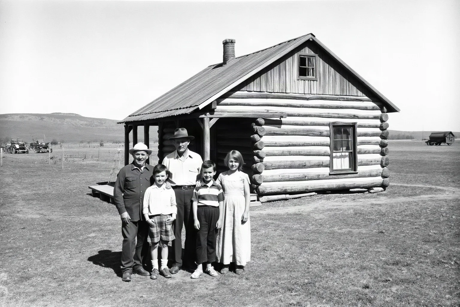 A pioneer family standing proudly in front of a small sod house on an open homestead claim