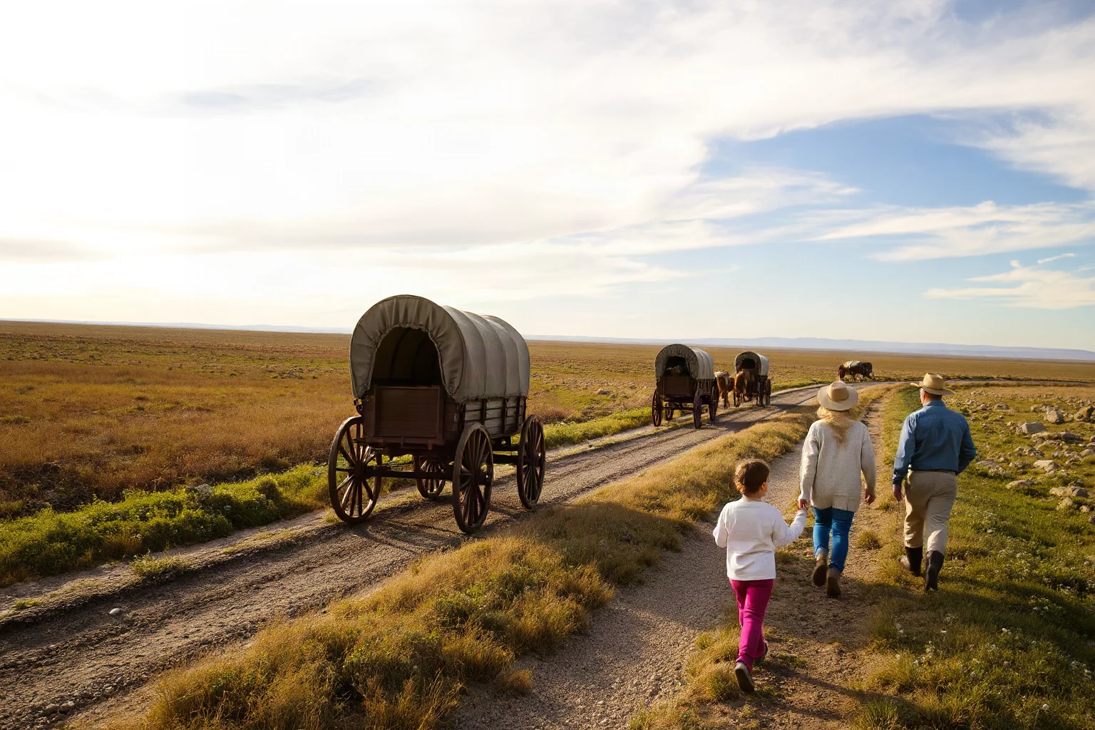 A pioneer family's covered wagon train crossing open plains toward the western horizon