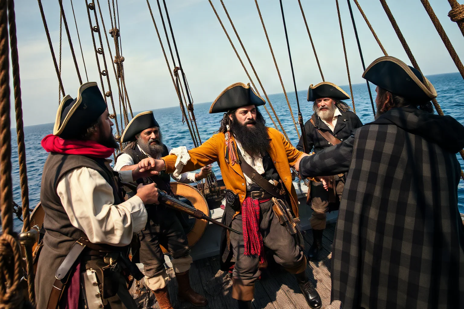 A pirate captain being forcibly brought aboard a ship by armed men in 18th century naval attire, struggling against capture on the deck of a merchant vessel off West African coast