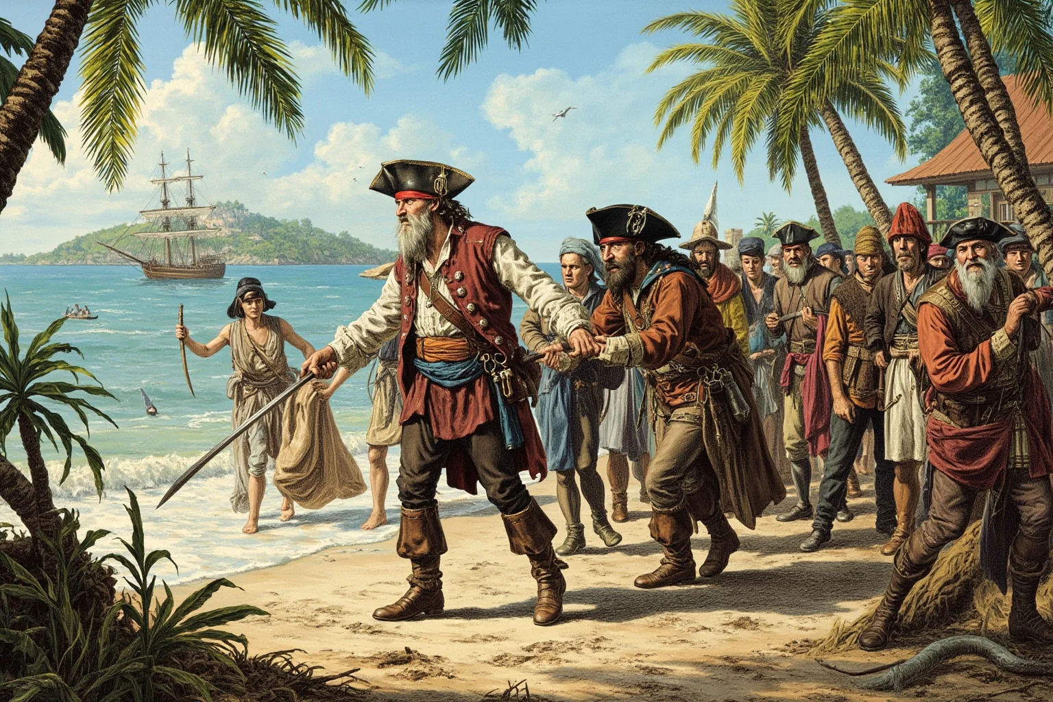 A pirate captain being led to execution on a tropical island shore with onlookers, historical illustration style