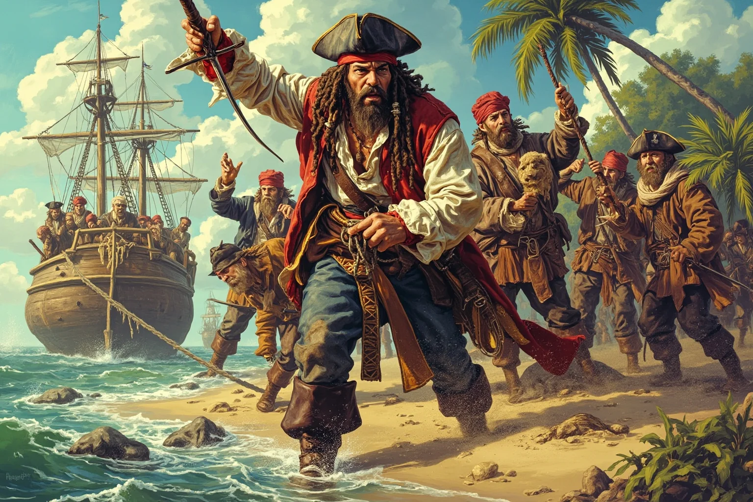 A pirate captain being marooned on a small island by his own mutinous crew, illustrative style