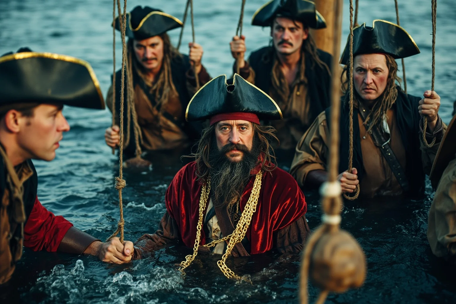 A pirate captain in crimson damask clothing and gold chains, weighted down and being solemnly cast into the ocean by his devoted crew members