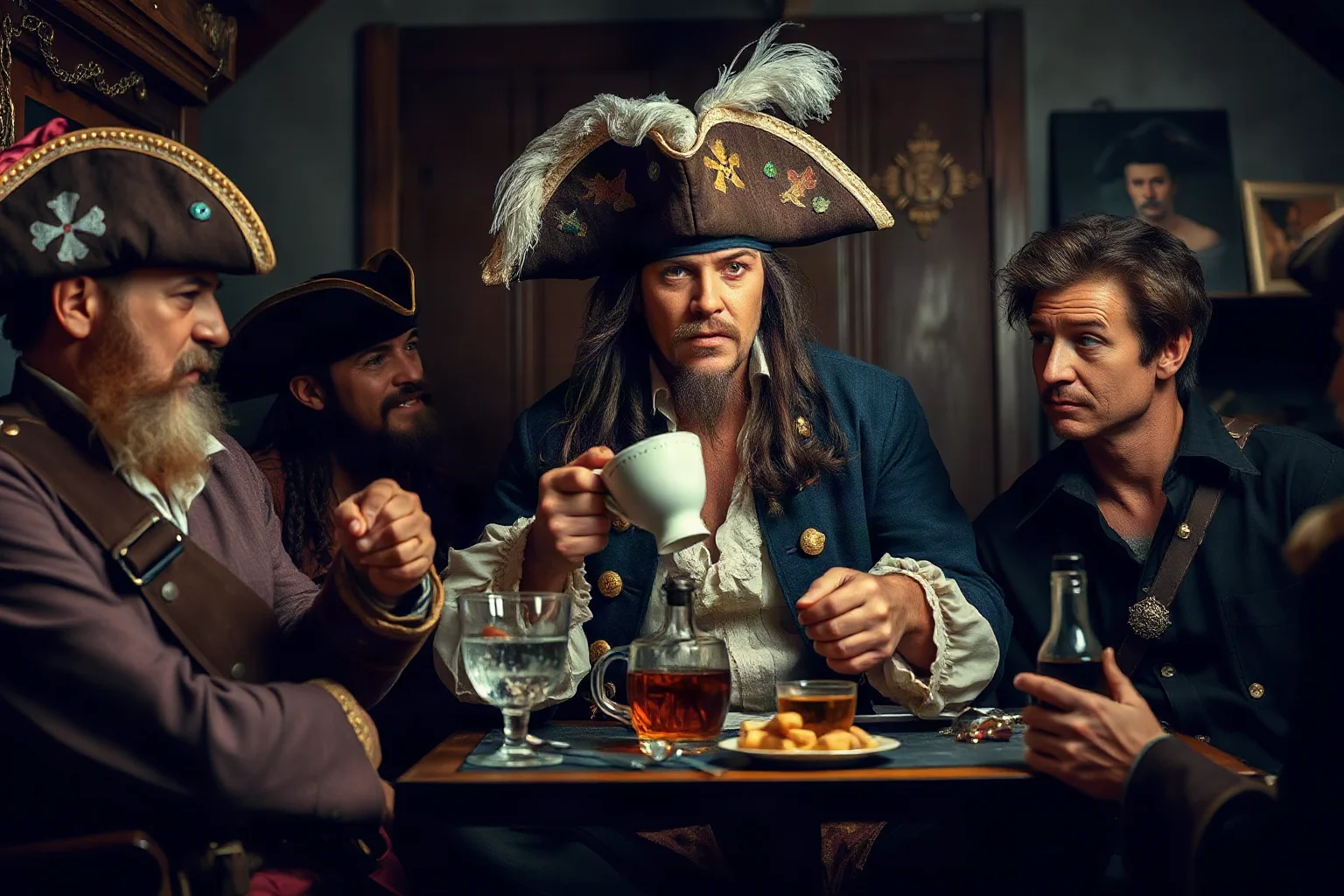 A pirate captain in fine clothing sipping tea from a delicate cup while his rough crew members drink rum and punch around him in a ship's cabin