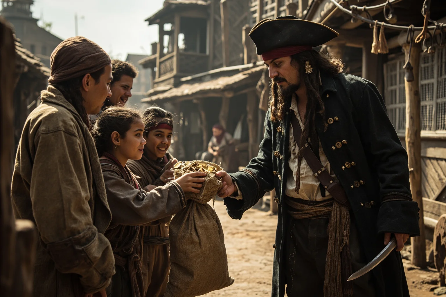 A pirate handing a sack of coins to poor villagers on a rustic dockside street