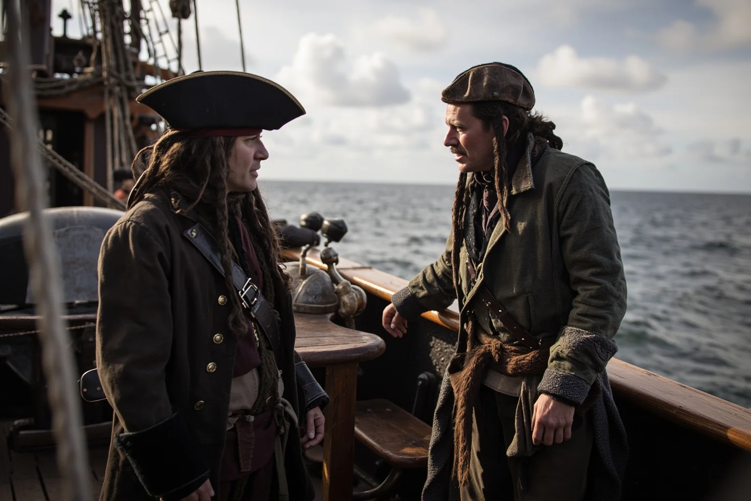 A pirate quartermaster and captain in discussion on a ship deck, symbolizing shared authority