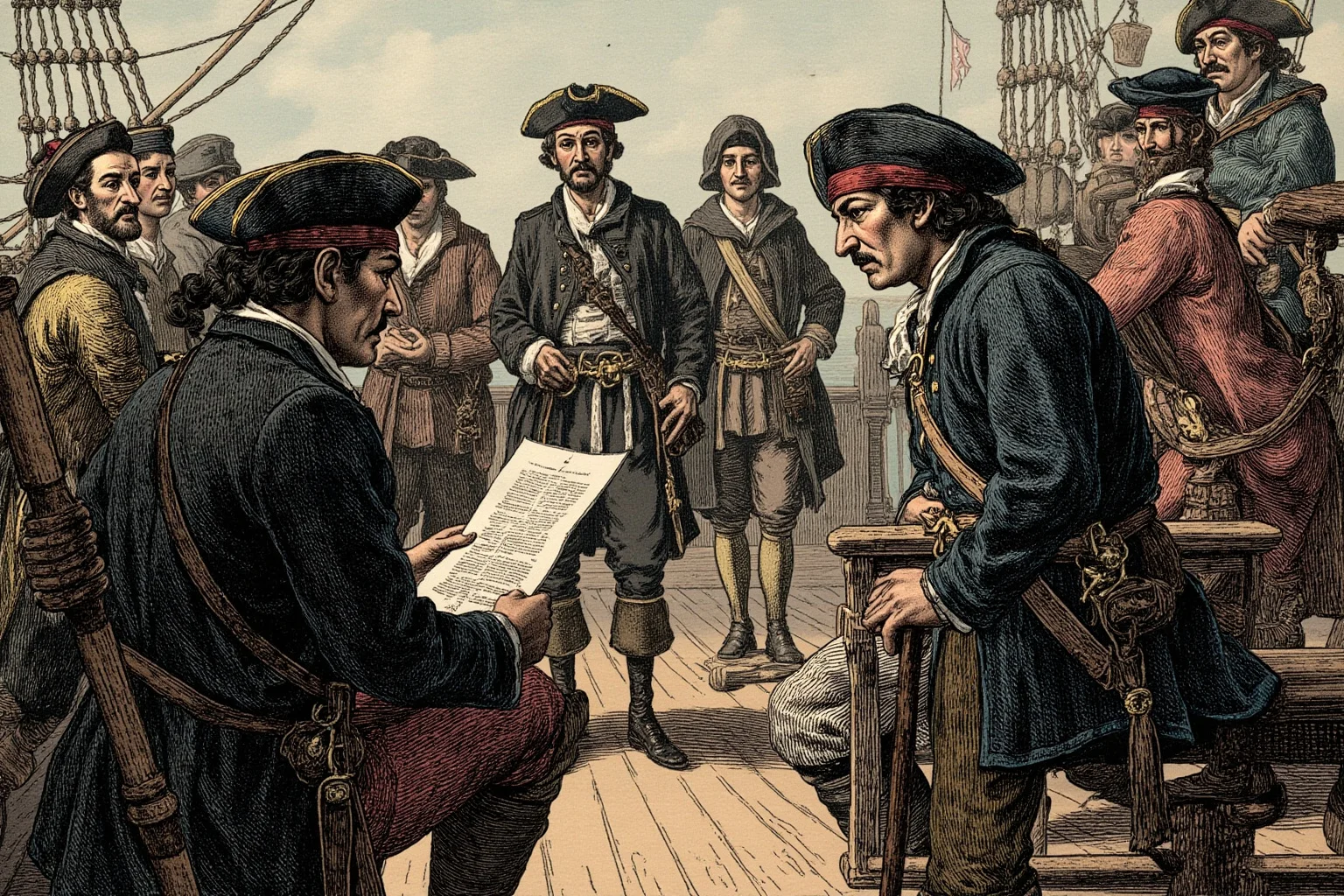 A pirate quartermaster reading a contract aloud to a circle of illiterate sailors on deck, illustrative style