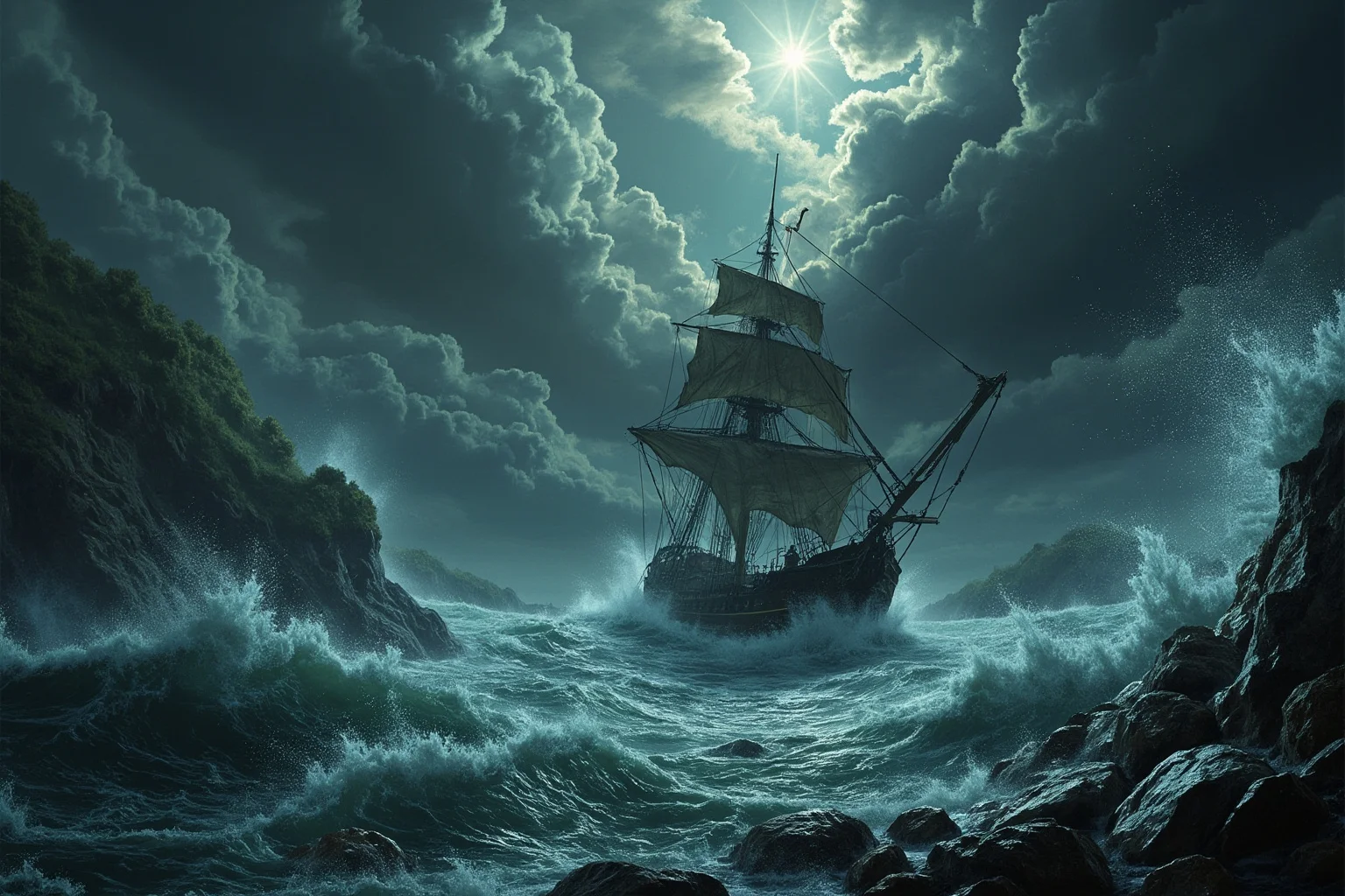 A pirate ship sinking in a violent storm off a rocky New England coastline, dramatic seascape illustration