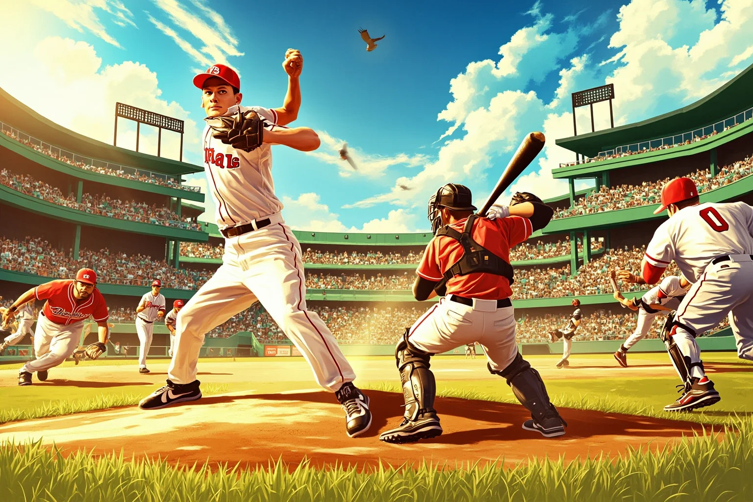 Biggest Brawls In Baseball History 6 A pitcher on the mound swinging a bat toward a catcher as both benches rush onto a sunlit baseball field, dynamic action illustration