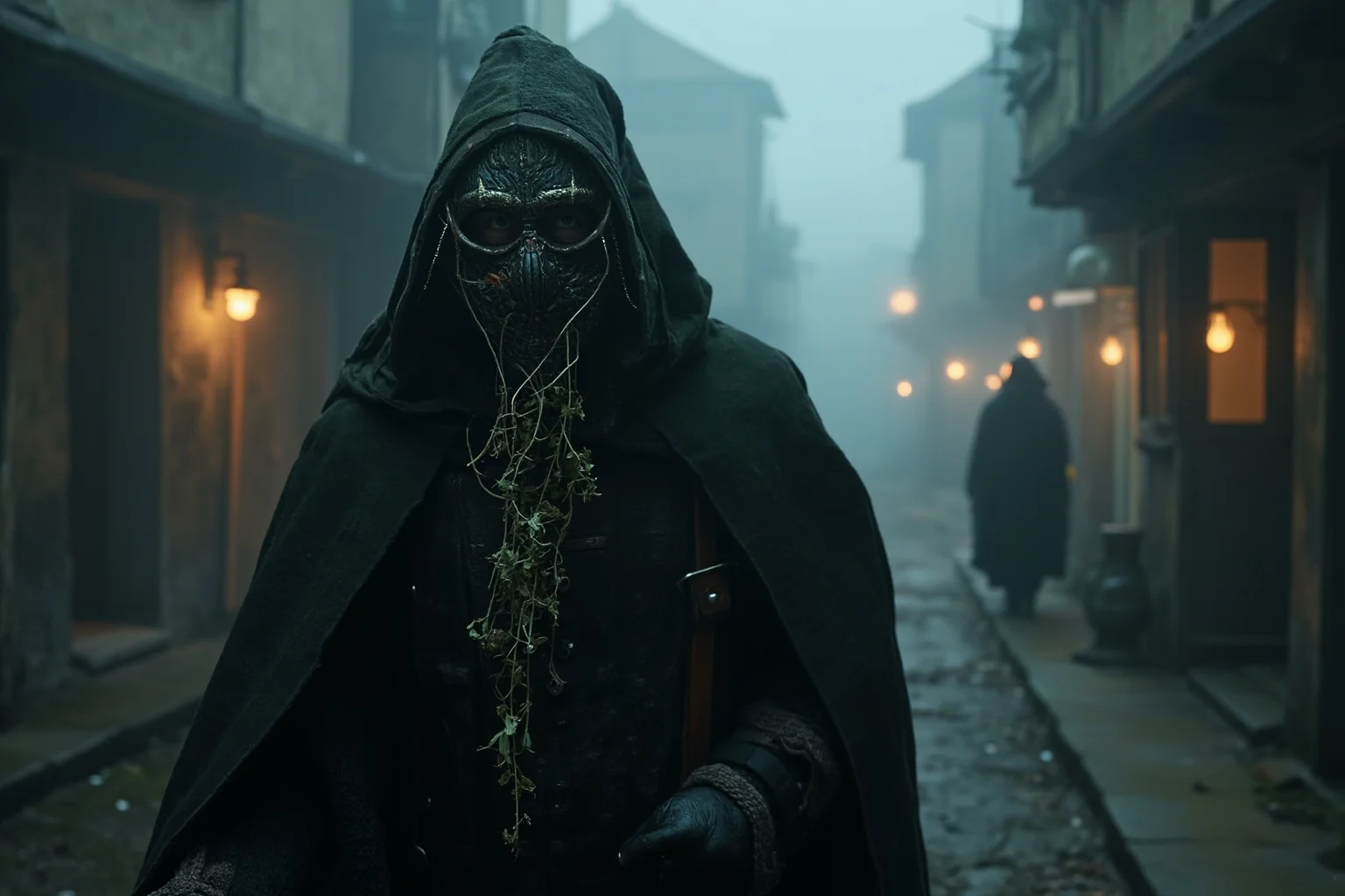 A plague doctor in a beaked mask filled with herbs, walking through a foggy medieval street