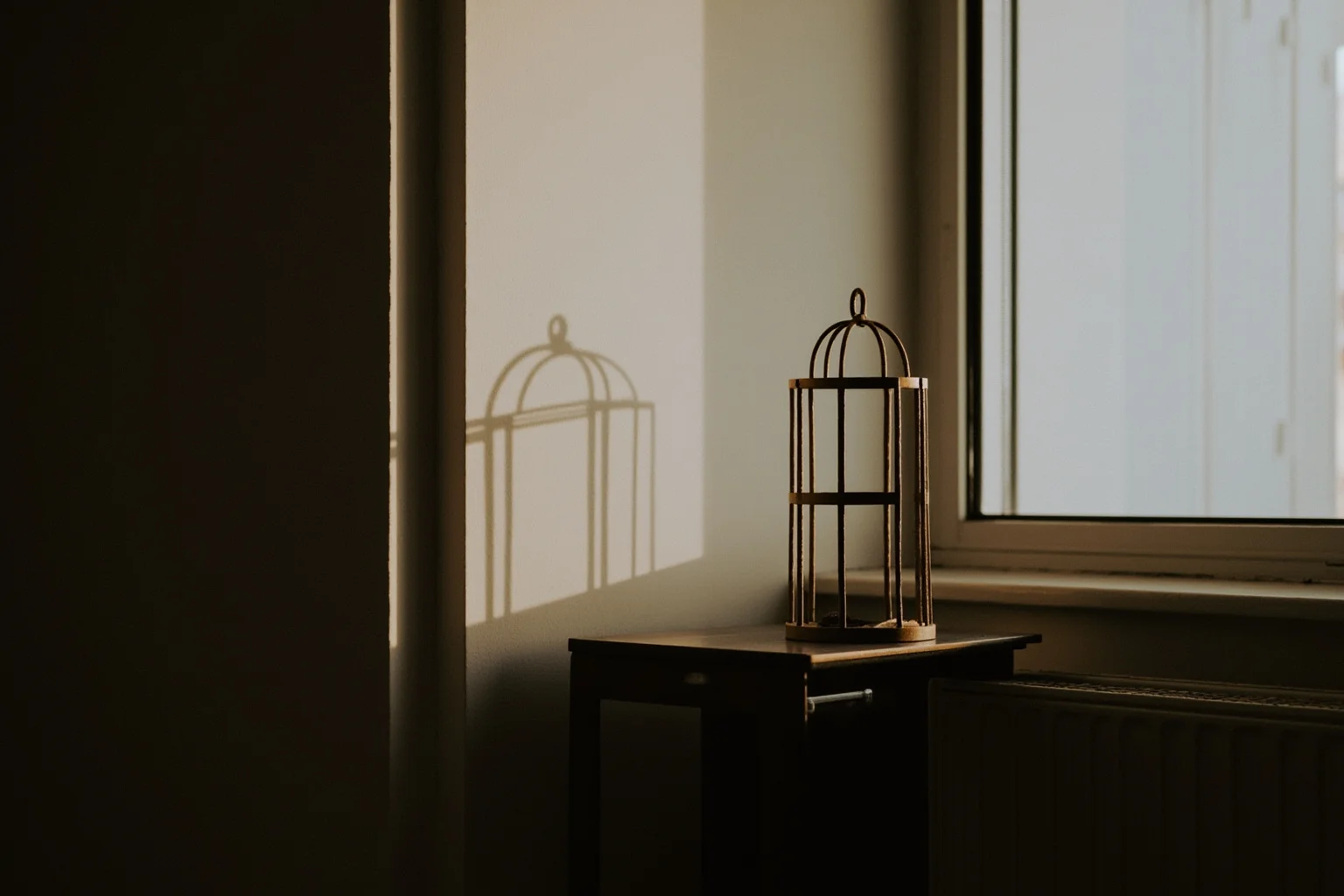 A plain Russian apartment interior with a birdcage by a window, soft light