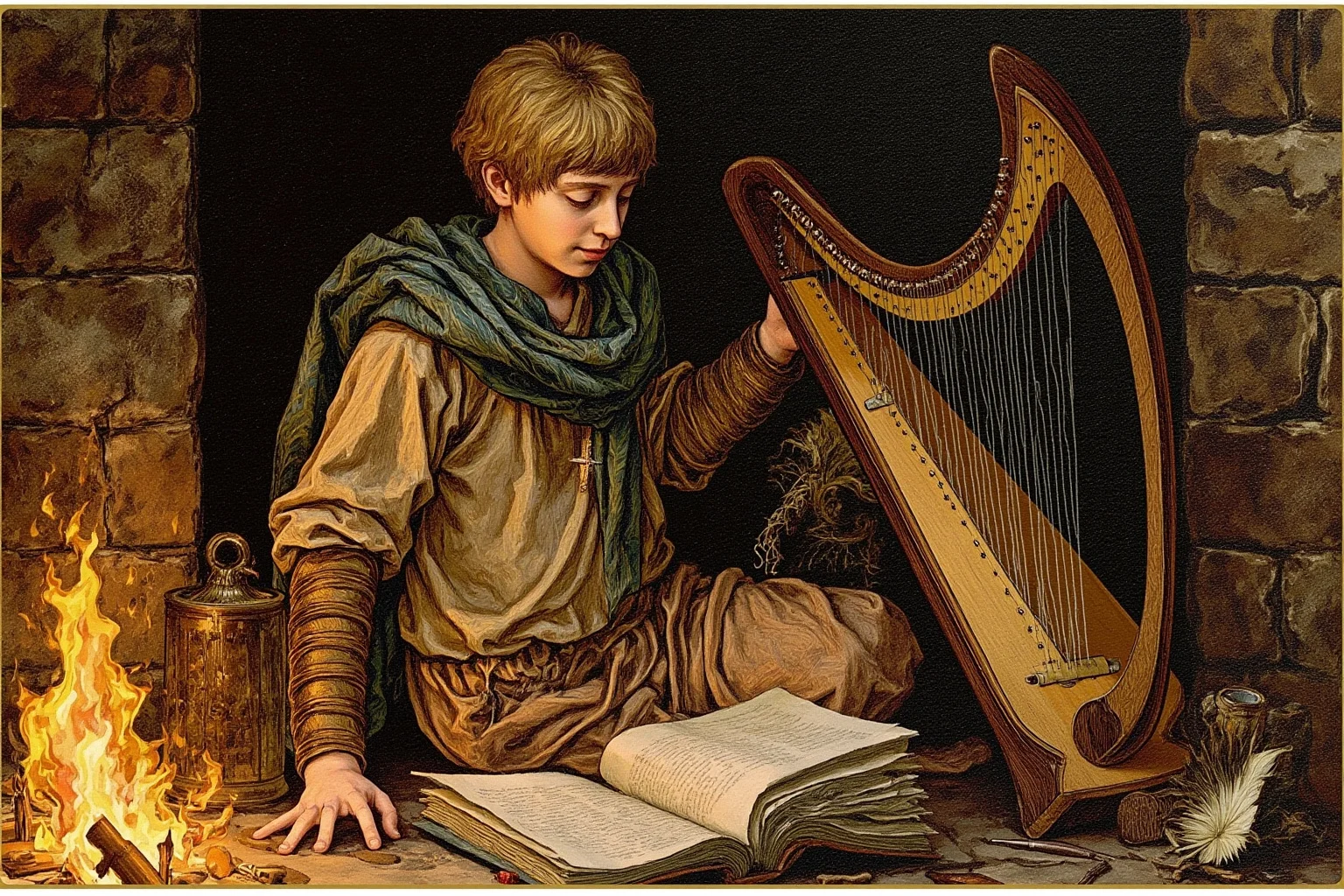 From Thor to Loki: 20 Gods, Goddesses, and Heroes of Norse Mythology 15 A poet-like god holding a harp beside a hearth, parchment and quill nearby, medieval-inspired fantasy illustration