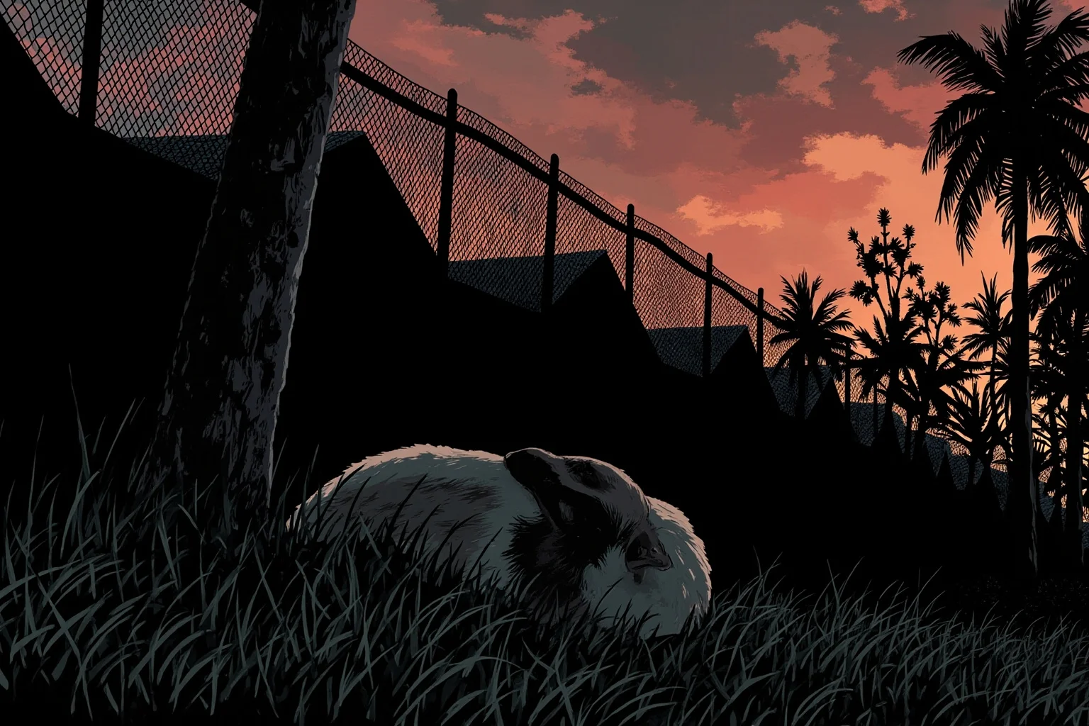 22 Animal Heroes Who Changed Human History 7 A pointer dog resting beside a tropical POW camp fence at dusk, somber illustrative style