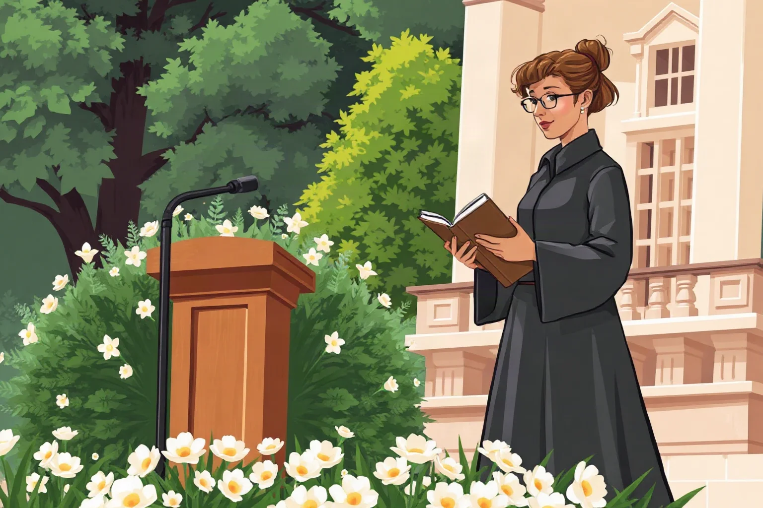 A poised woman poet reading from a book at a grand outdoor podium, illustrative style