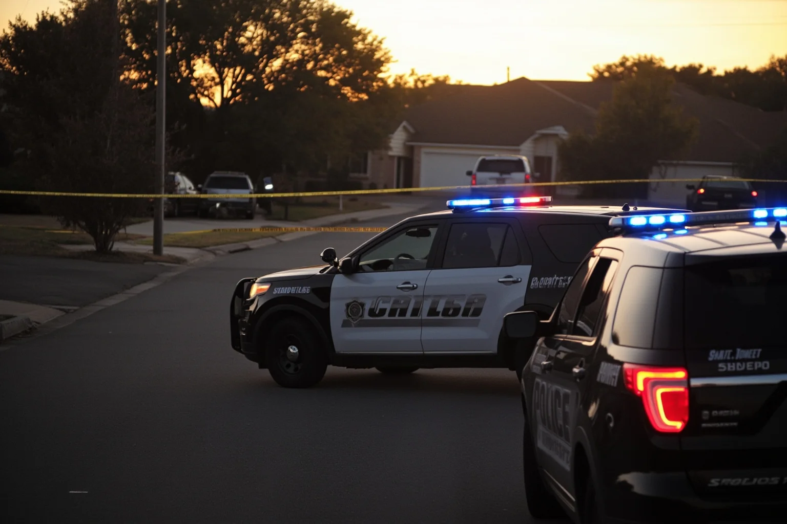 A police car parked outside a suburban house at dawn, representing a staged arrest