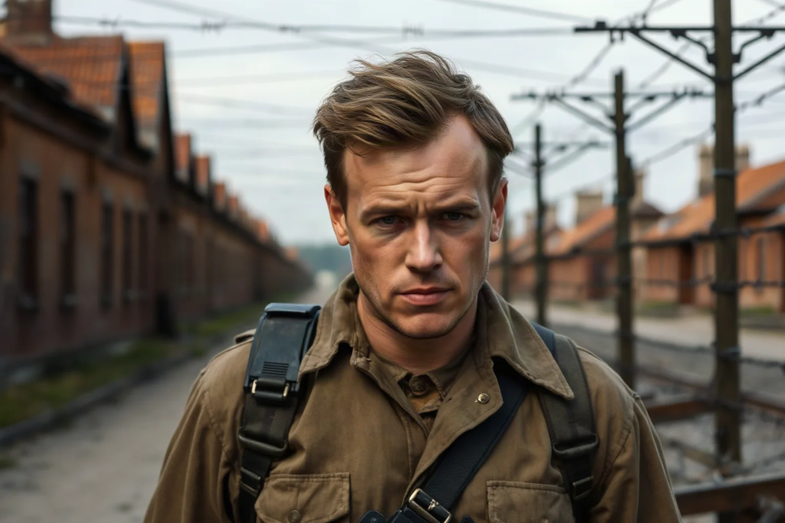 A Polish resistance fighter in prison clothes, determined expression, with barbed wire and concentration camp structures behind him