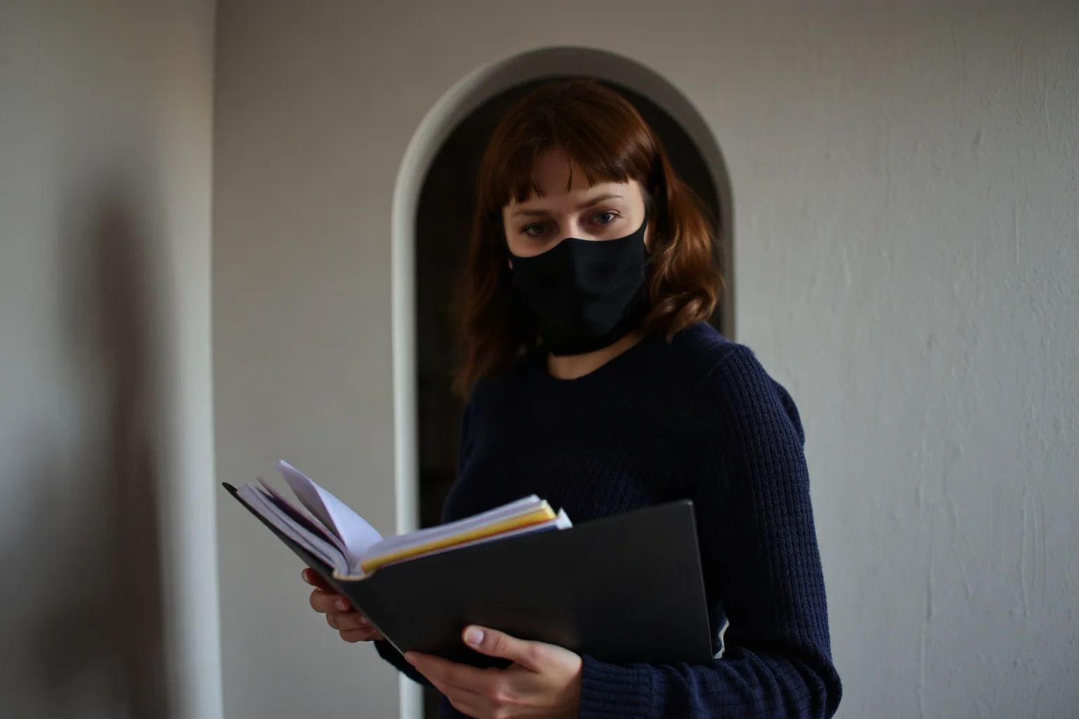 A Polish social worker holding coded records and helping children escape through shadows and hidden passages