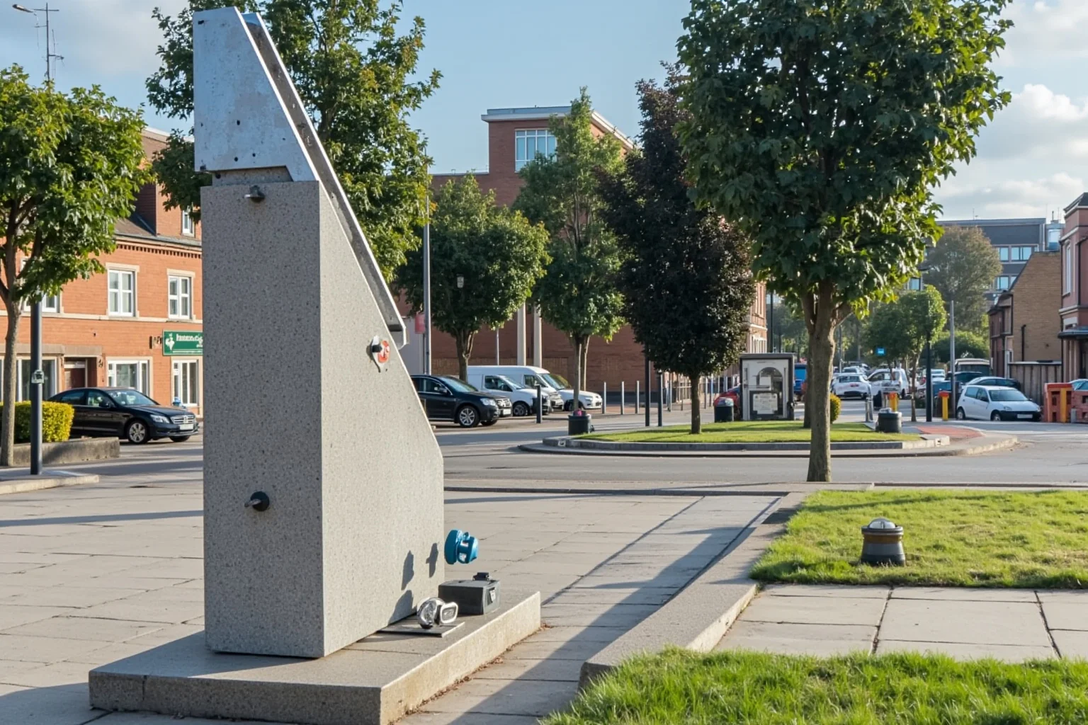 A polished steel beam fragment mounted on a small stone memorial pedestal in a town square