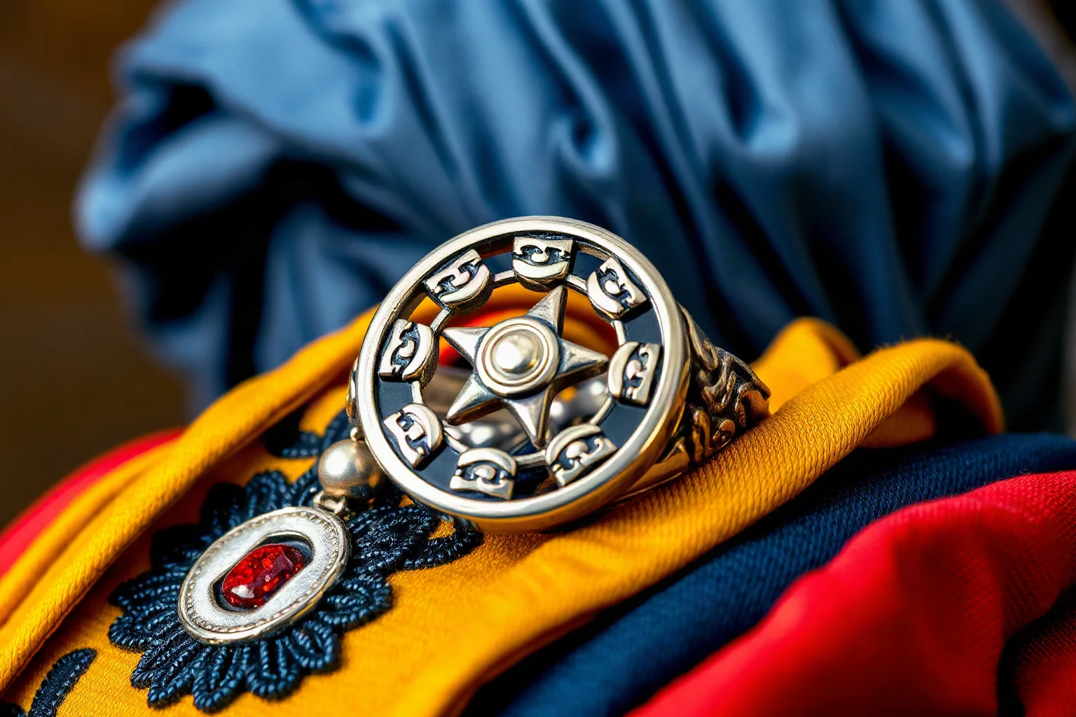 A polished steel Sikh chakram throwing ring stacked on a decorative turban, historical illustration