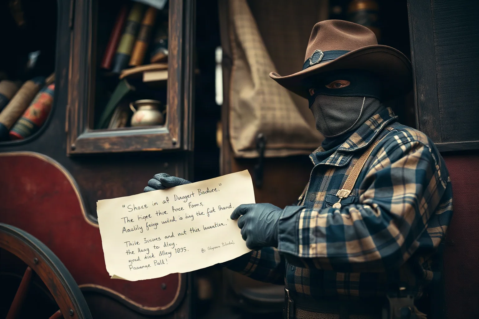A polite masked stagecoach robber leaving a handwritten note beside a strongbox