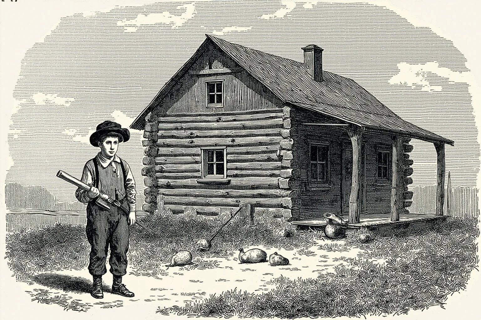 Great Leaders Who Rose From Obscurity 12 A poor orphaned boy on the American frontier standing near a rustic log cabin, 18th-century illustration style