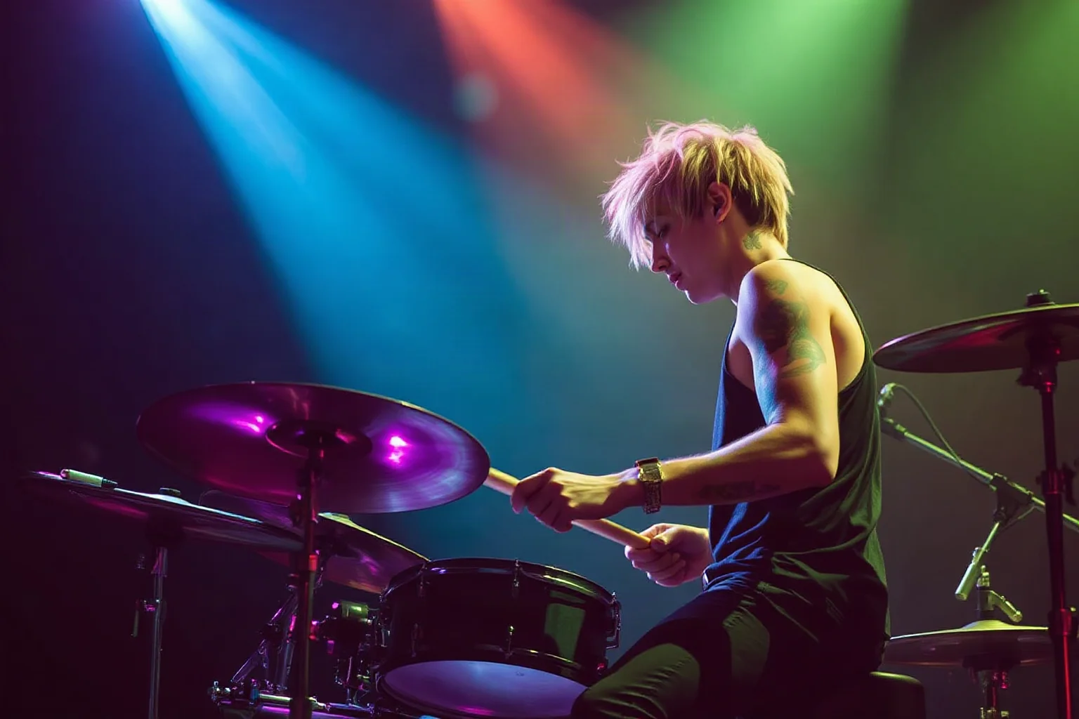 A pop-punk drummer playing energetically with dyed hair and tattoos under bright concert lights