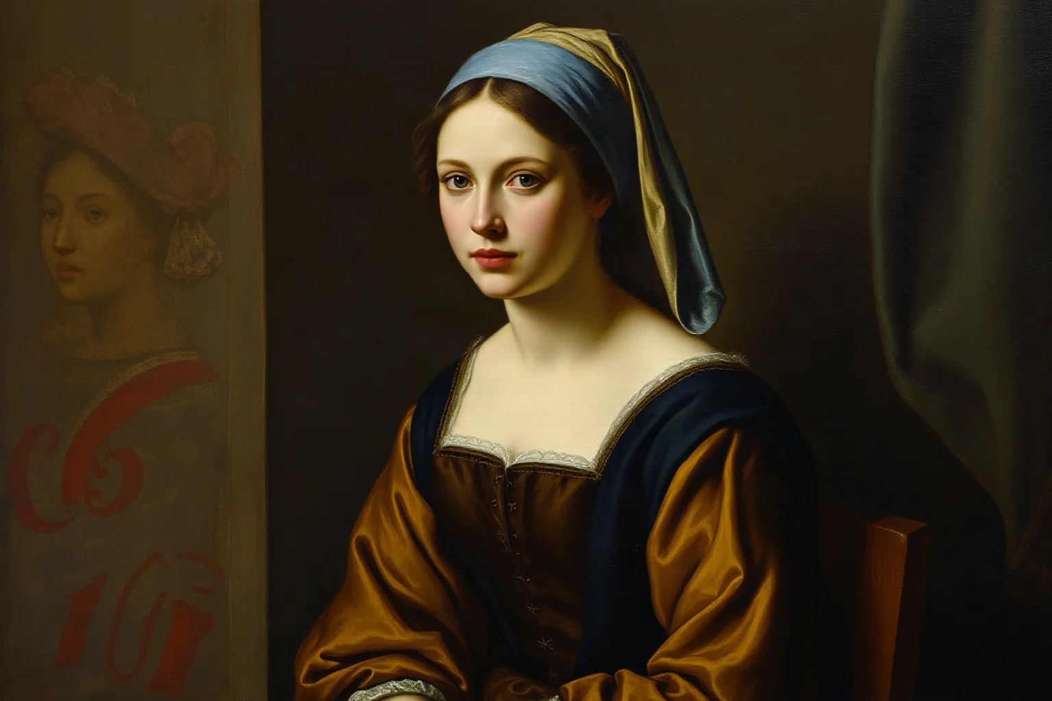 A portrait of a Renaissance-era woman from Florence, sitting with a subtle enigmatic expression, painted in soft muted tones