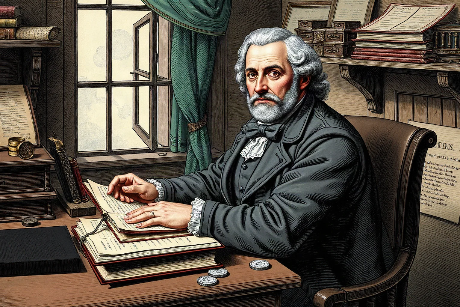 A portrait-style illustration of an 18th-century European banker or merchant at a wooden desk with ledgers and coins