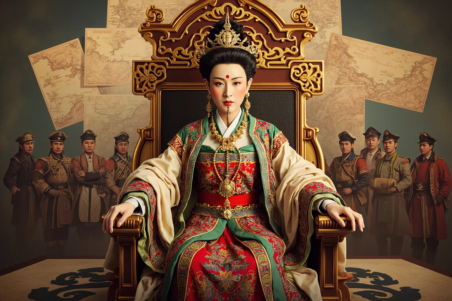 Wars Started By Women: The Rebel Queens Who Changed History 9 A powerful Chinese empress in imperial robes seated on a throne with generals and military maps nearby, Tang dynasty art style