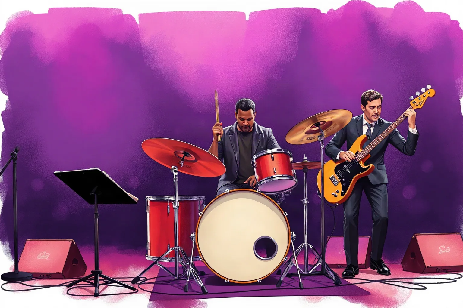 A powerful drummer leading a hard-bop quintet on stage, dynamic illustration style