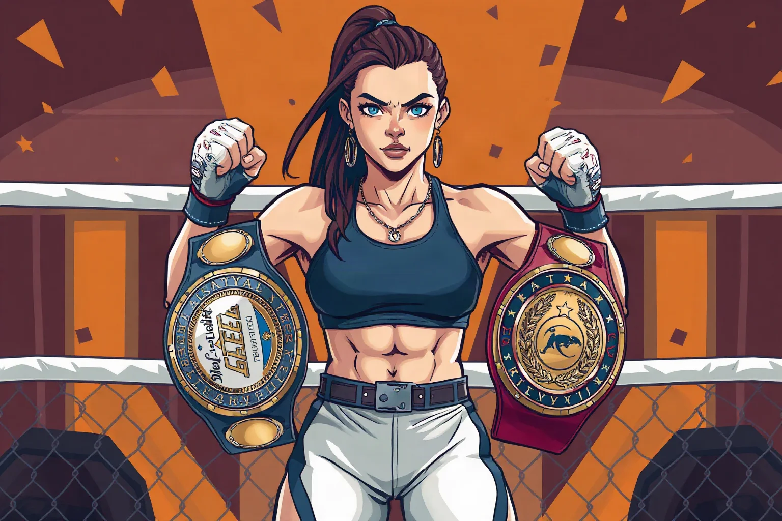 A powerful female mixed martial arts fighter with two championship belts standing in a cage, dynamic sports illustration