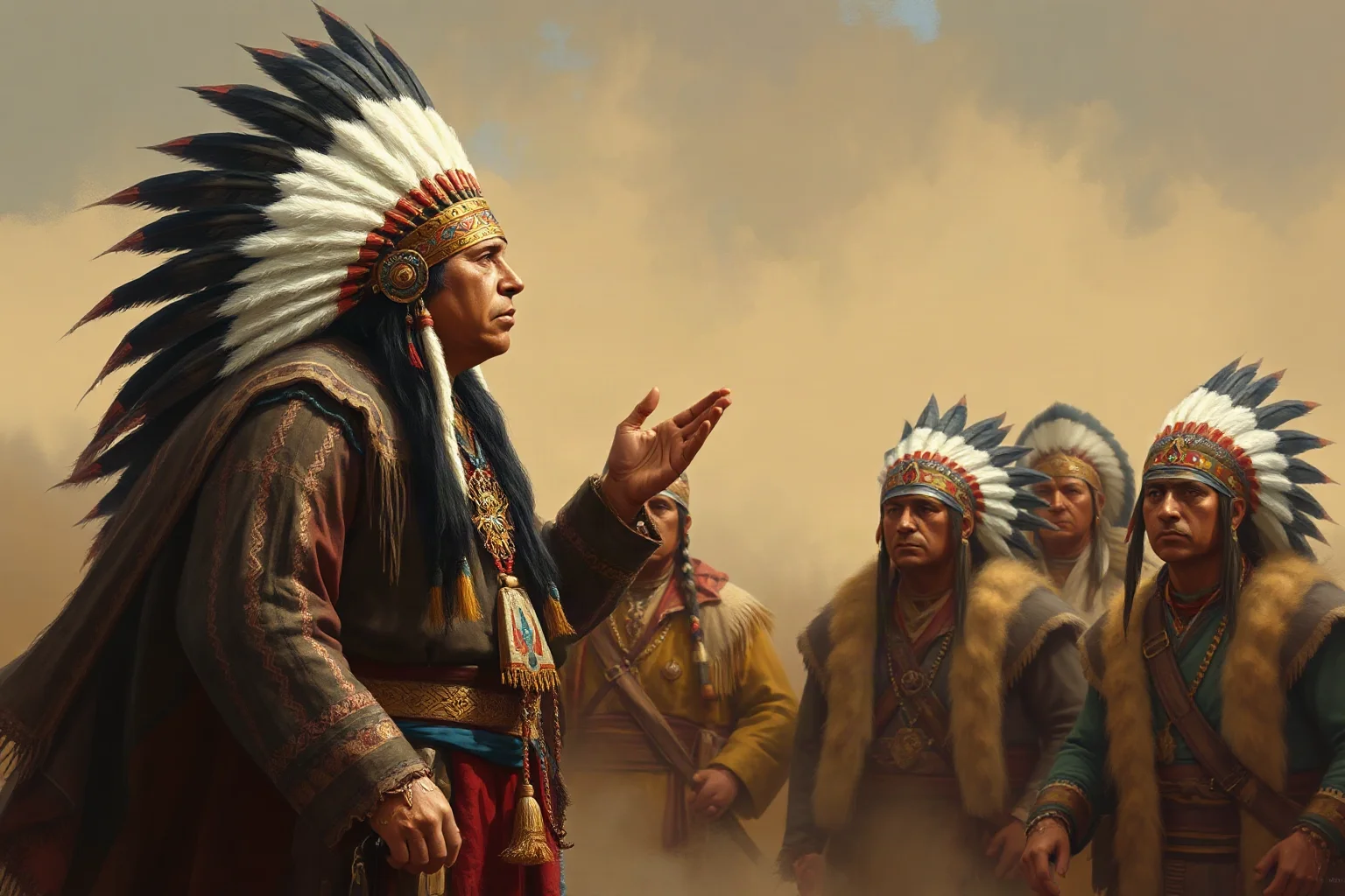 A powerful Indigenous chief in ceremonial dress addressing a council of Native leaders, historical painting style