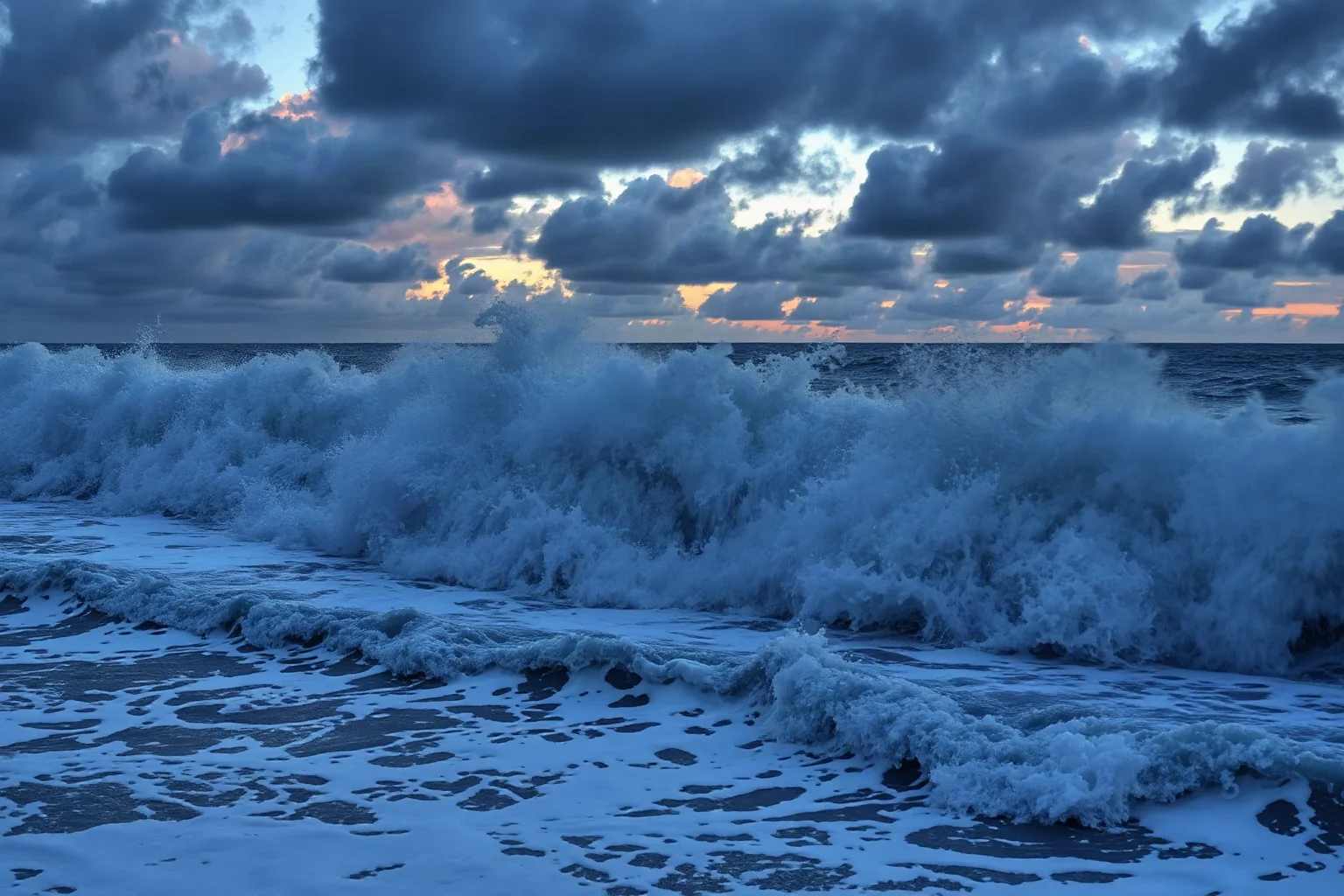 A powerful ocean storm surge crashing over a low-lying delta coastline at dusk, dark clouds and churning water