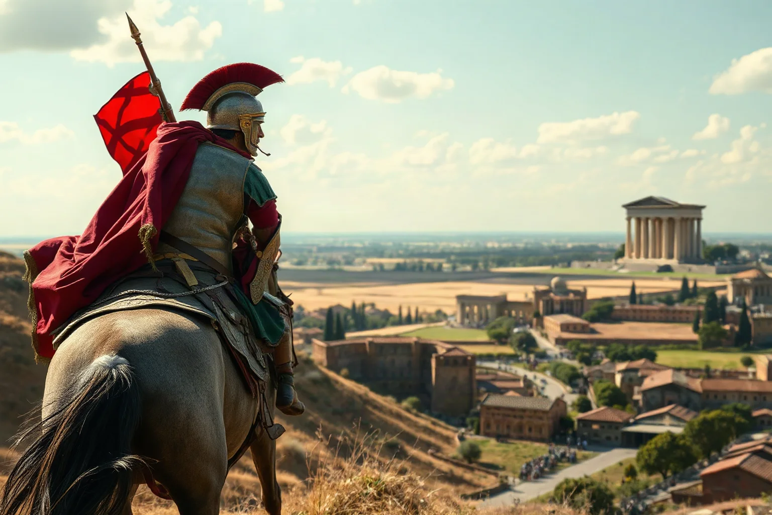 A powerful Roman military commander on horseback leading legions across expansive territories, with Trajan's Column visible and conquered lands stretching to the horizon