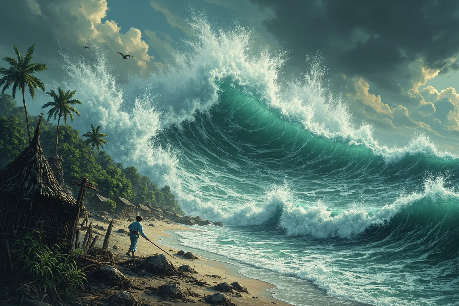 A powerful tropical cyclone storm surge crashing into a low-lying coastal delta village, historical illustration style