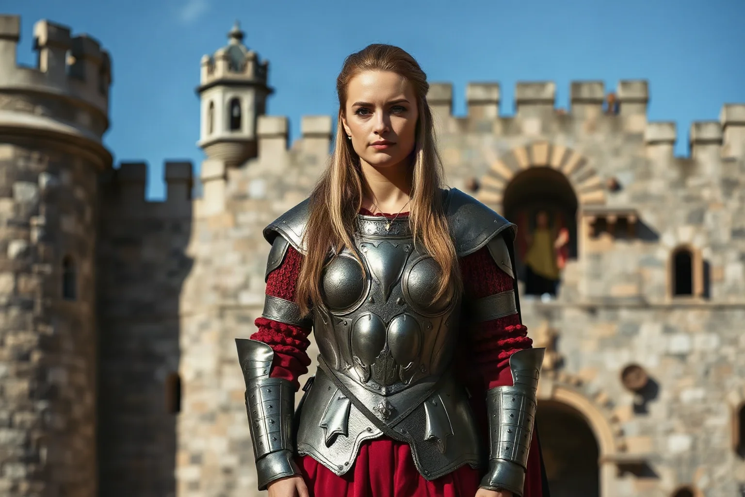 A powerful woman in Renaissance armor or formal court dress, standing confidently in a fortress or palace during a moment of political authority
