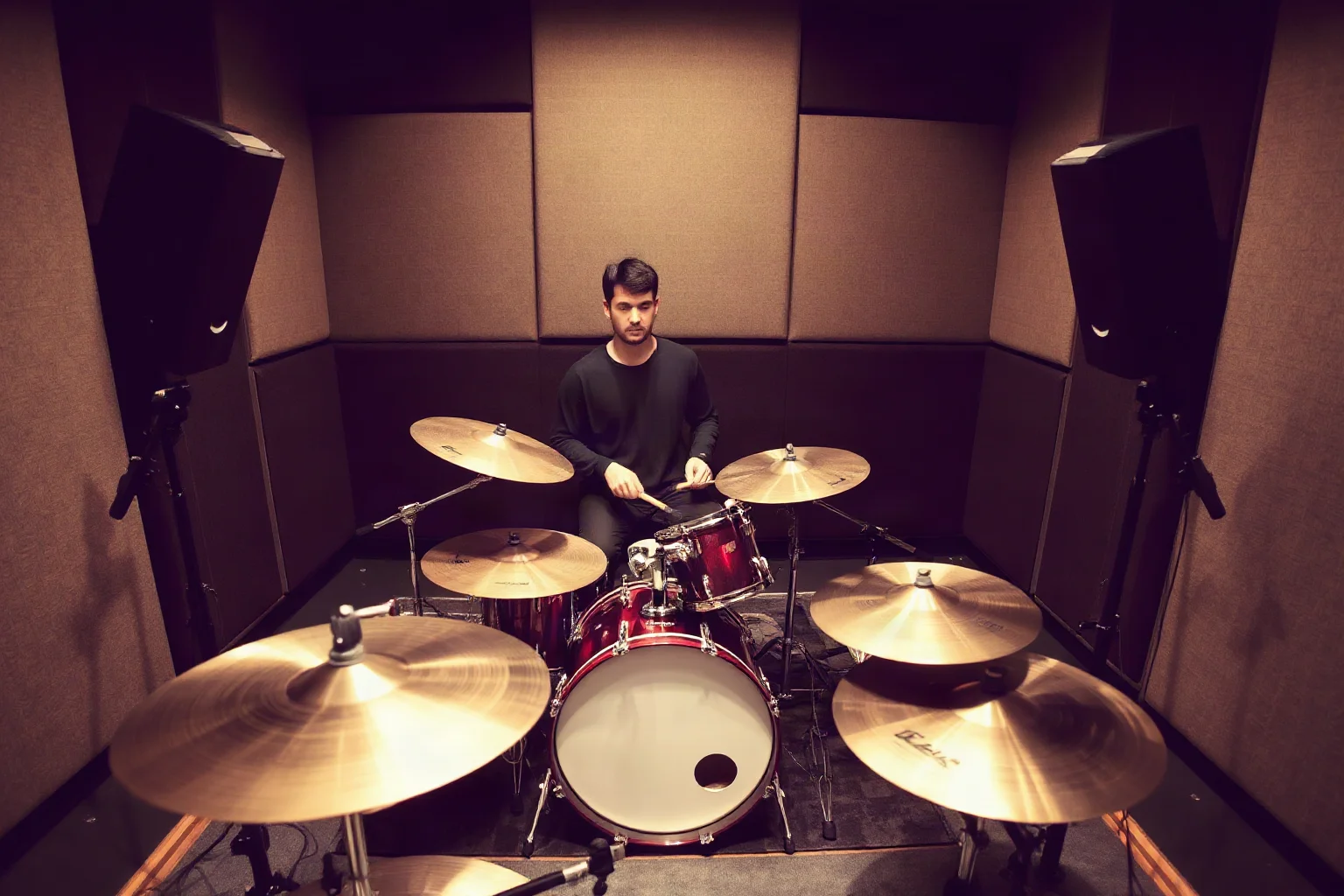 A precise session drummer recording in a professional studio booth surrounded by soundproof panels
