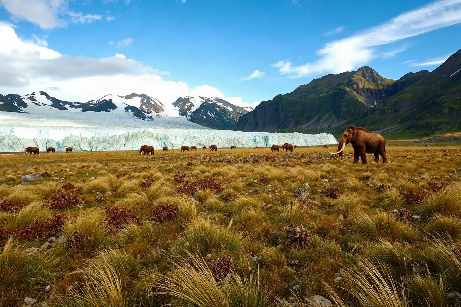 A prehistoric landscape with retreating glaciers, tundra grass, and distant woolly mammoths