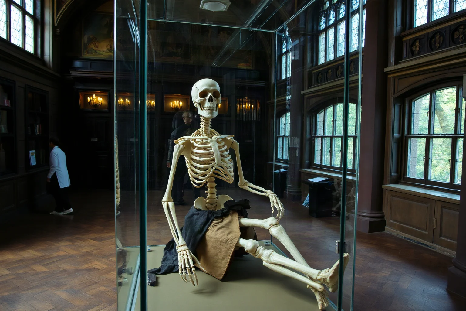 A preserved skeletal figure dressed in period clothing seated in a glass display cabinet in an old university hall