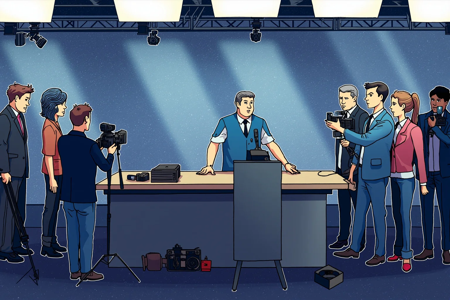 False Flag Operations That Quietly Changed World History 18 A press conference room with television cameras and a podium, generic editorial illustration style