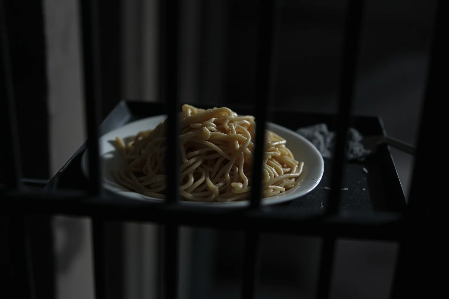25 Disturbing Last Words By Notorious Criminals 8 A prison meal tray with a plain plate of spaghetti under bars, harsh institutional lighting, symbolic still life
