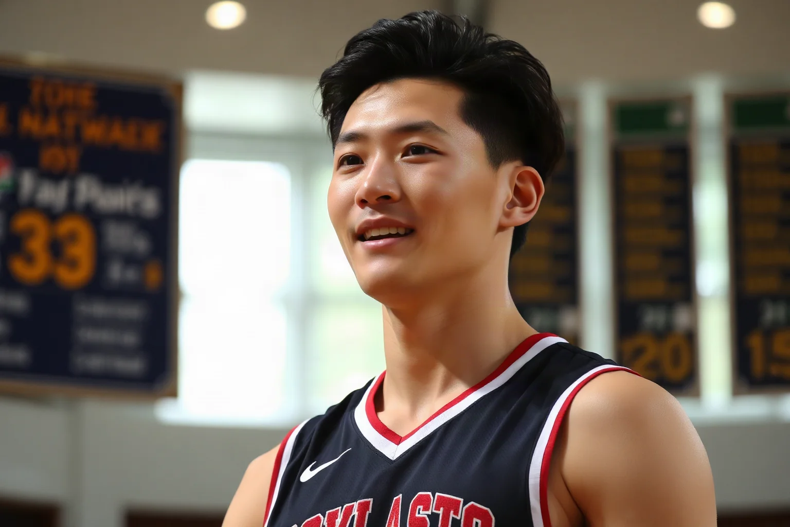 A professional basketball player of Asian descent standing 7'6", shown in athletic context