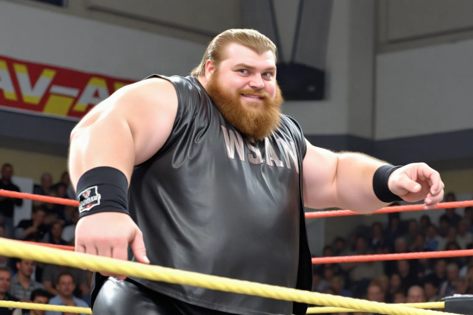 A professional wrestler and actor with gigantism from France, 1980s-1990s era, in wrestling ring