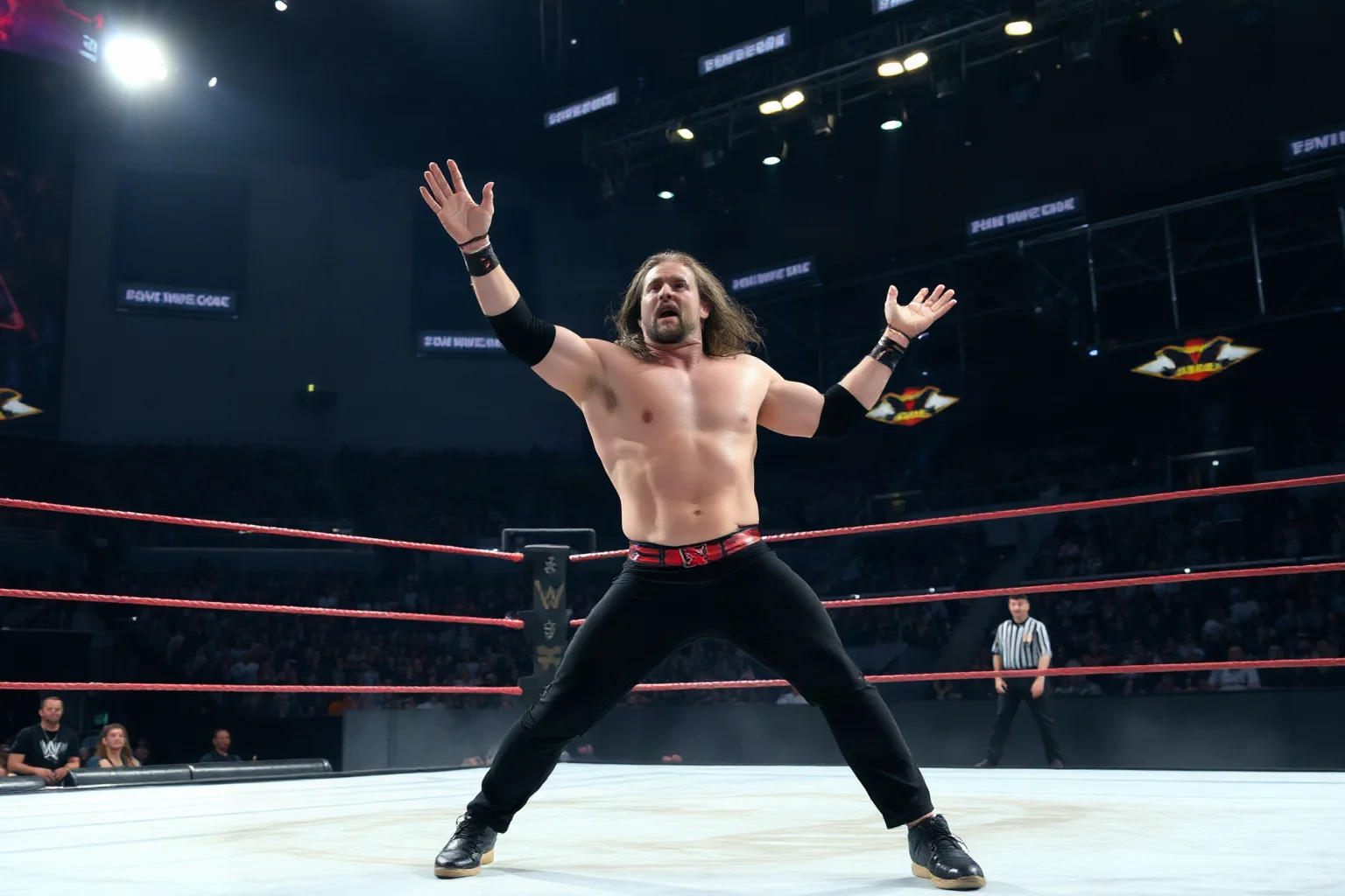 A professional wrestler frozen mid-move in a brightly lit arena ring, dramatic crowd atmosphere, dynamic pose