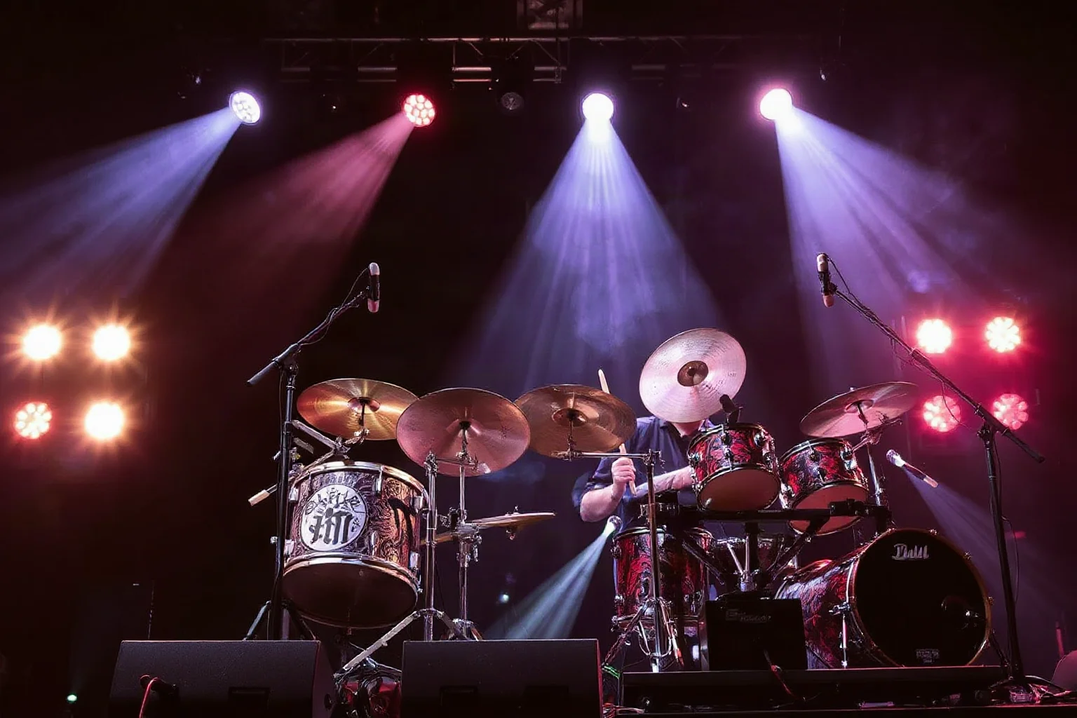 A progressive rock drummer surrounded by an elaborate multi-piece drum kit under concert lights