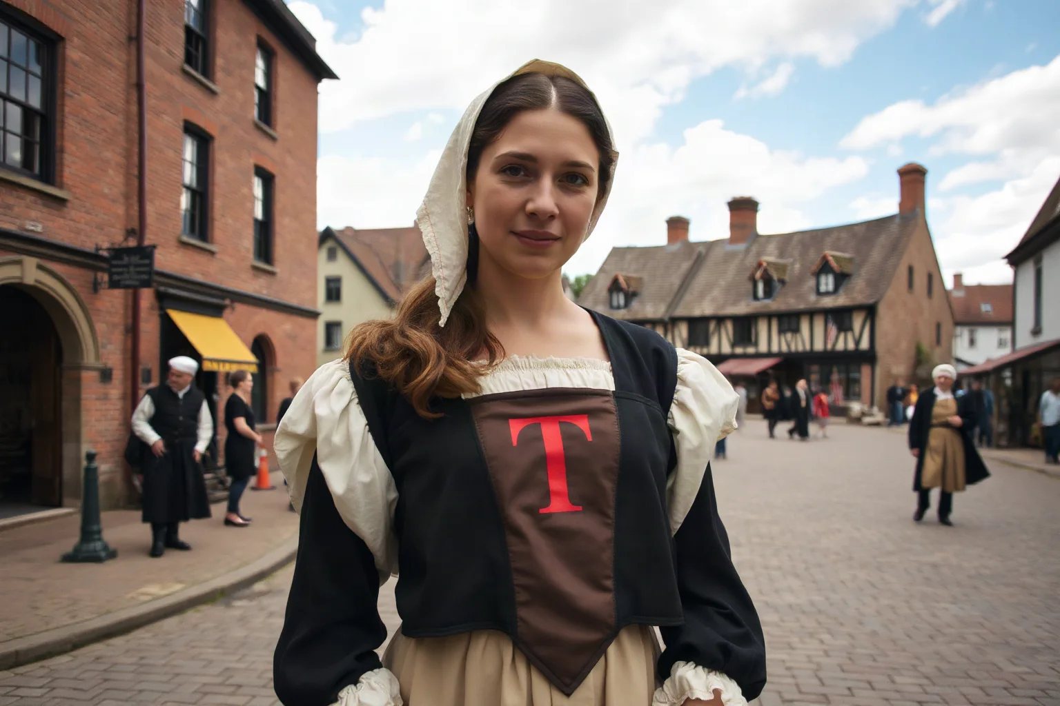 A Puritan woman in 17th-century clothing standing in a colonial town square, wearing a scarlet letter on her chest