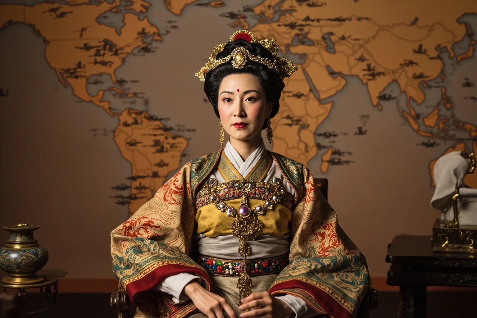 Wars Started By Women: The Rebel Queens Who Changed History 21 A Qing dynasty Chinese empress dowager in elaborate imperial robes seated before a council map of foreign warships