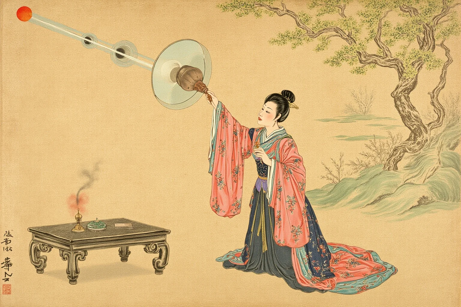 A Qing dynasty woman astronomer using a mirror and lamp to demonstrate a lunar eclipse, historical illustration
